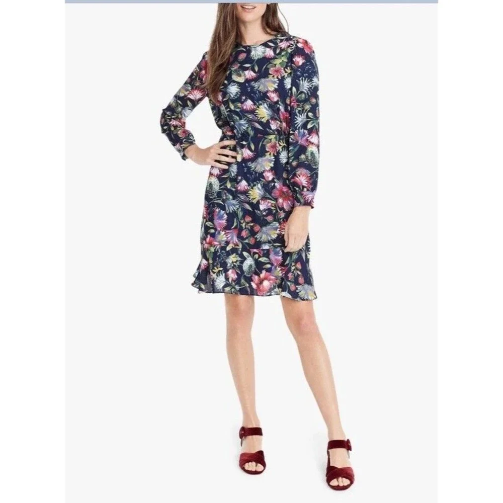 J Crew Genova Long Sleeve Flouncy Hem Dress Painted Floral Size 8 - Picture 1 of 9